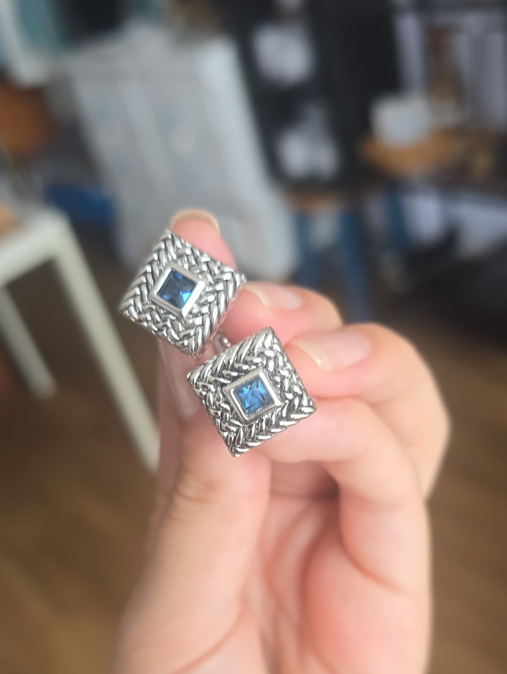 Square Rope-Textured Sterling Silver Cuff Links with Blue Topaz